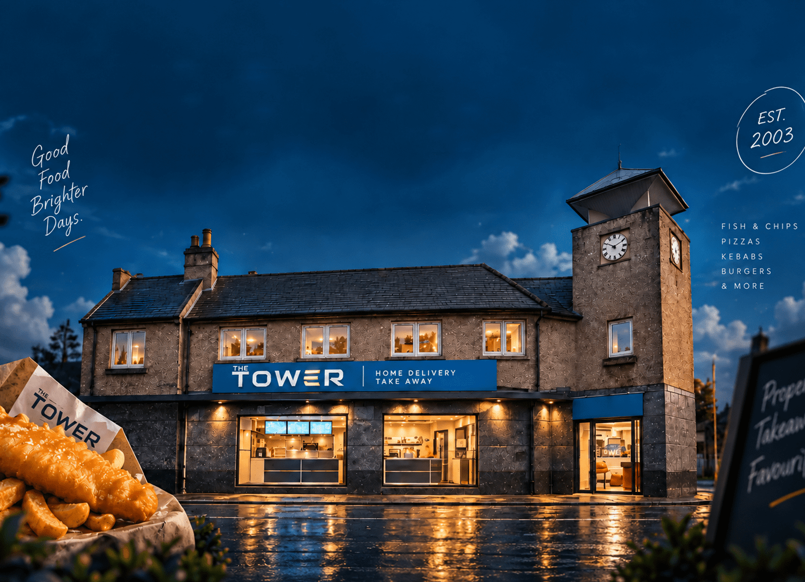 The Tower Takeaway storefront and clock tower on John Street, Penicuik
